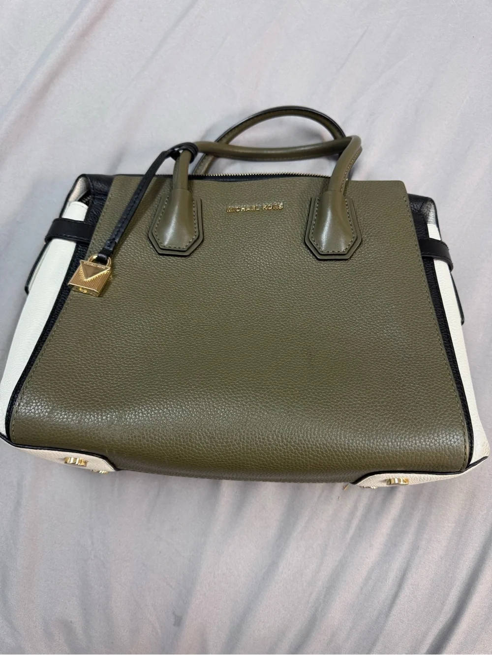 Michael Kors Olive Green and White Leather Satchel with Black Trim